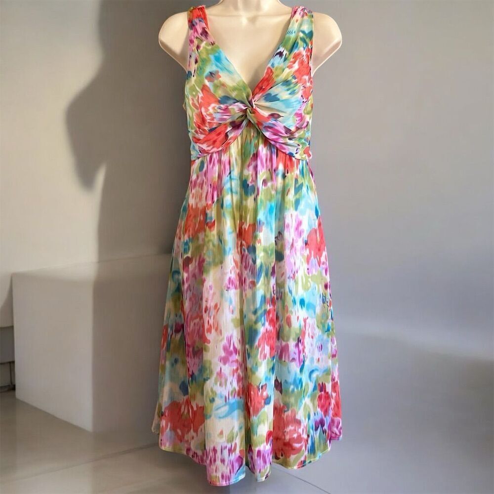 Dress Barn Sleeveless Abstract Bright Floral Twist V-Neck Side Zipper Dress